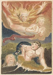 Vier nackte Männer, die aus ihren Elementen hervortreten: Flammen, Himmel, Meer und grüne Erde, Tafel 22 aus Das erste Buch Urizen